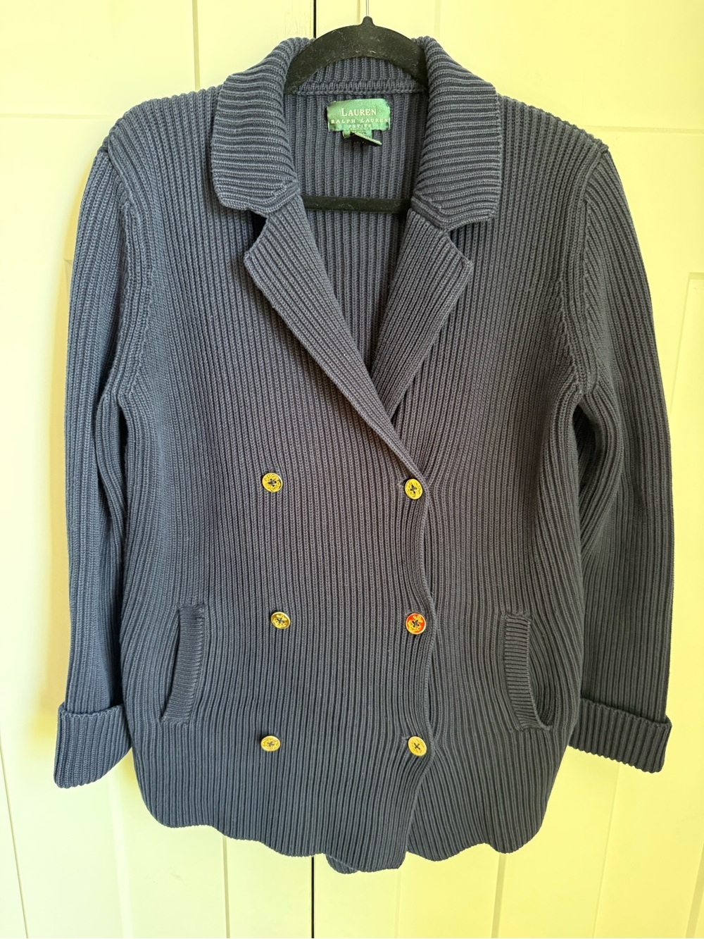 Ralph Lauren Petite Navy Ribbed Knit Cardigan with gold buttons. Size M. EUC. - Picture 2 of 6